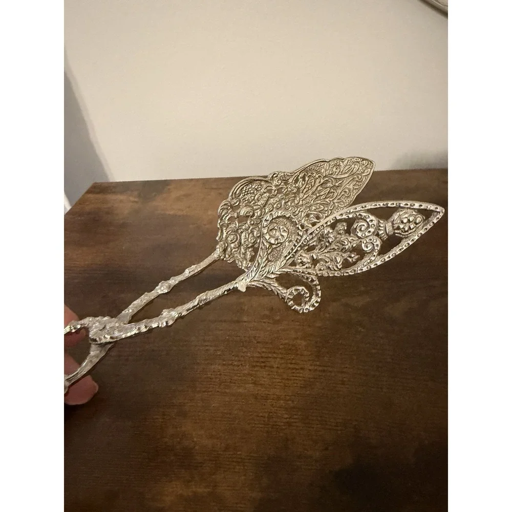 Vintage Italy Silverplate Pierced Pastry Cake Tongs Ornate Floral Serving 8